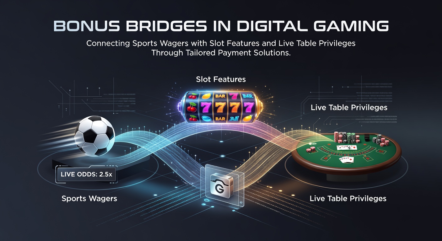 Digital illustration showing interconnected gaming platforms where sports wagers link to slot bonuses and live table rewards via payment gateways