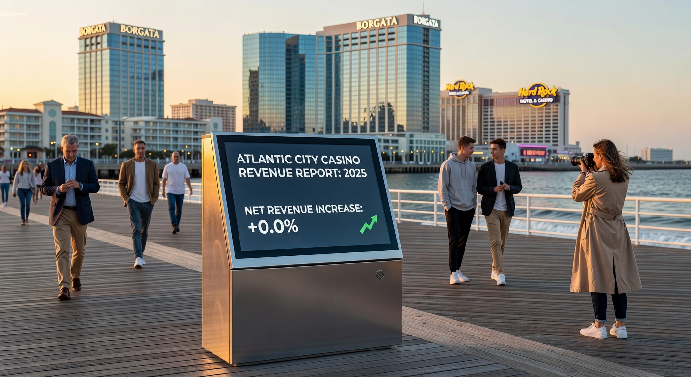 Close-up of bustling casino floor in Atlantic City, with slot machines flashing lights, roulette tables in action, and patrons engaged amid the vibrant atmosphere