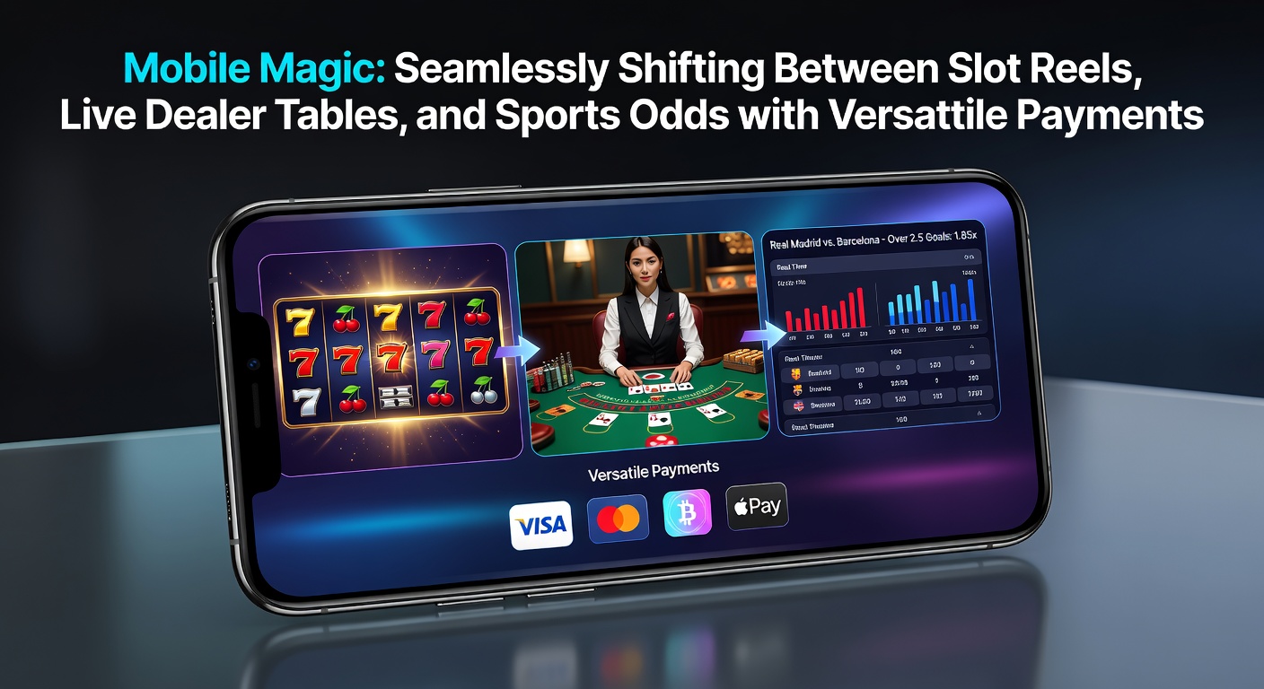 Smartphone screen displaying a mobile casino app with slots, live dealer blackjack, and sports betting odds side by side
