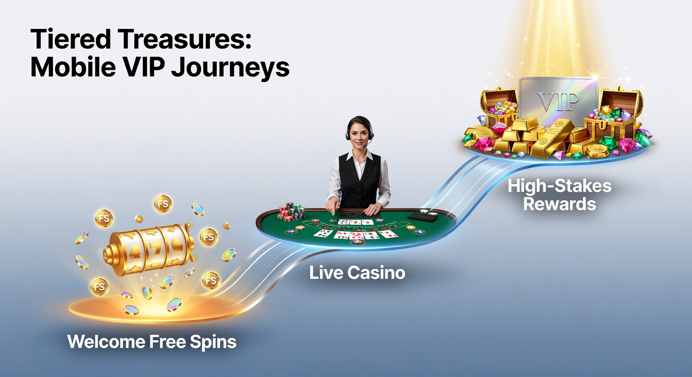 Graphic illustrating a mobile VIP loyalty ladder from bronze free spins entry to diamond high-roller status with escalating rewards
