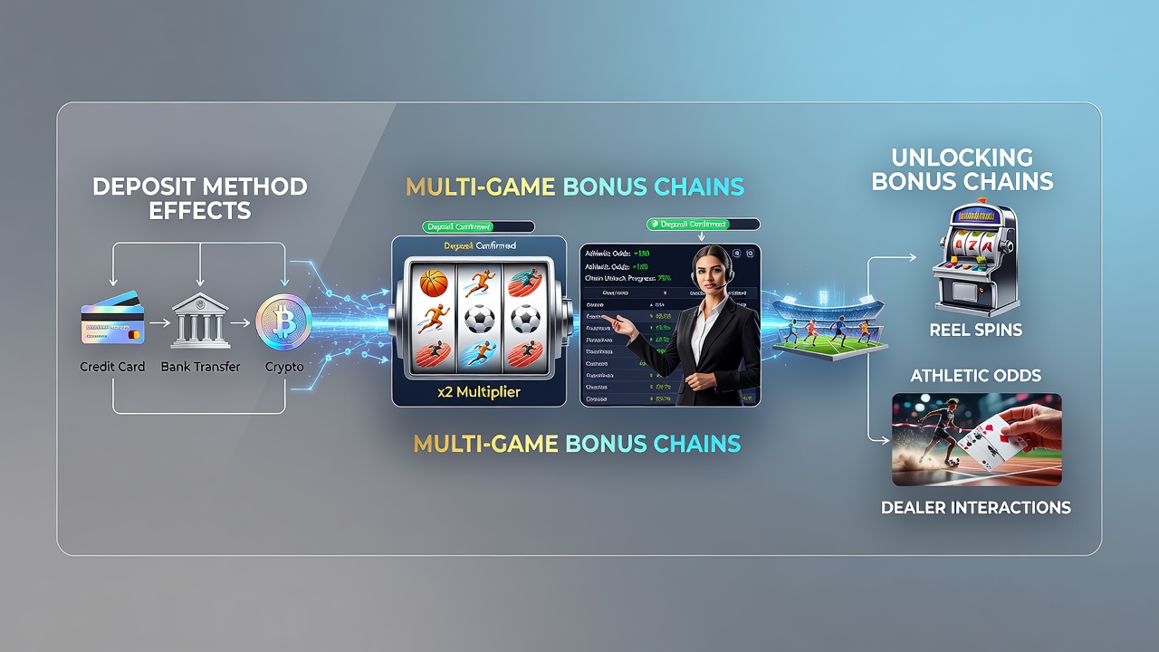 Mobile gaming app interface showing interconnected bonus chains across slots, sports betting, and live dealer sections